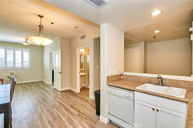 580 W Main St Unit 105, Alhambra, CA 91801 - kitchen with white dishwasher, light wood-type flooring, white cabinets, hanging light fixtures, and recessed lighting