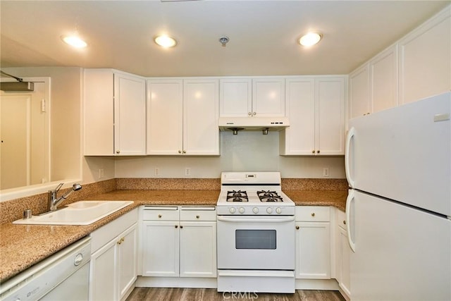 580 W Main St Unit 105, Alhambra, CA 91801 - kitchen featuring white appliances, under cabinet range hood, white cabinets, wood finished floors, and recessed lighting