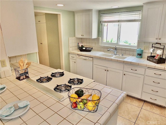 2524 Littleton Pl, Costa Mesa, CA 92626 - kitchen featuring white appliances, white cabinetry, decorative backsplash, tile counters, and light tile patterned flooring