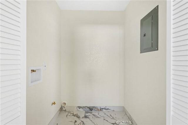 3876 Olmsted Ave, Los Angeles, CA 90008 - washroom with electric panel, light marble finish floors, and hookup for a washing machine