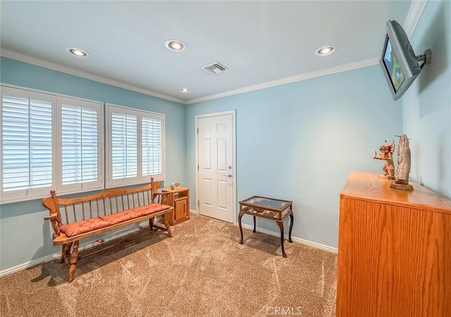 17213 Horace St, Granada Hills, CA 91344 - living area featuring light carpet, ornamental molding, and recessed lighting