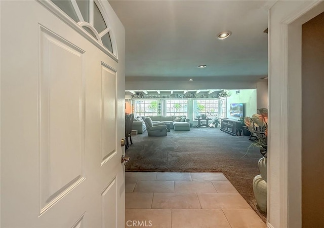17213 Horace St, Granada Hills, CA 91344 - hall featuring carpet, tile patterned floors, and recessed lighting