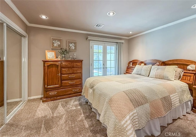 17213 Horace St, Granada Hills, CA 91344 - bedroom featuring carpet, access to outside, crown molding, french doors, and recessed lighting