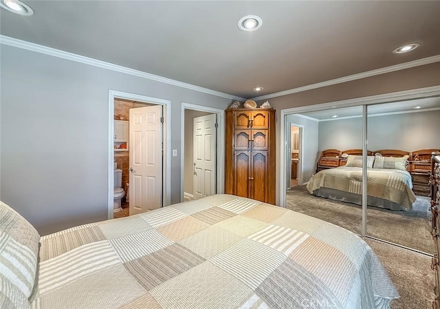 17213 Horace St, Granada Hills, CA 91344 - bedroom featuring a closet, carpet, ornamental molding, recessed lighting, and ensuite bathroom