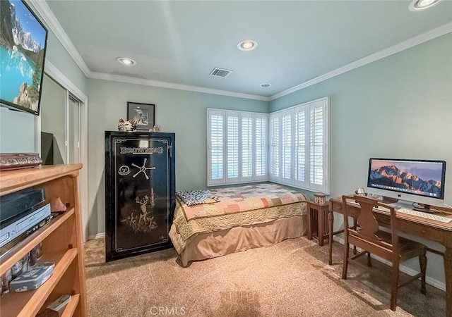 17213 Horace St, Granada Hills, CA 91344 - bedroom featuring carpet flooring, crown molding, and recessed lighting