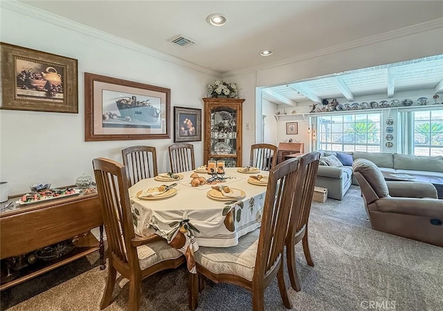 17213 Horace St, Granada Hills, CA 91344 - carpeted dining room featuring beam ceiling, recessed lighting, and ornamental molding