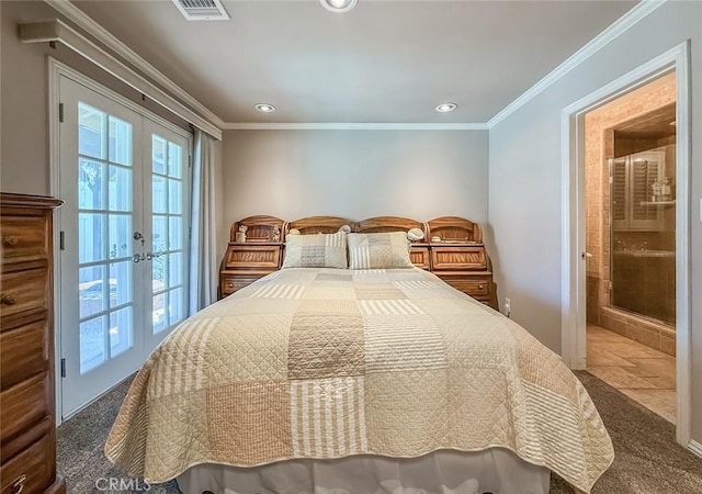 17213 Horace St, Granada Hills, CA 91344 - bedroom with french doors, carpet, recessed lighting, crown molding, and access to outside