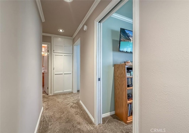 17213 Horace St, Granada Hills, CA 91344 - hall featuring crown molding, carpet flooring, and recessed lighting
