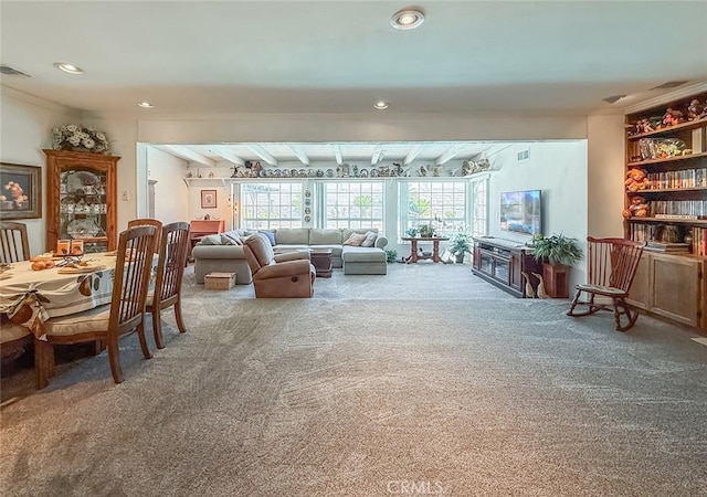 17213 Horace St, Granada Hills, CA 91344 - living area with carpet flooring, beamed ceiling, recessed lighting, and ornamental molding