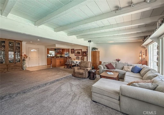 17213 Horace St, Granada Hills, CA 91344 - carpeted living area with a wood ceiling with exposed beams and recessed lighting