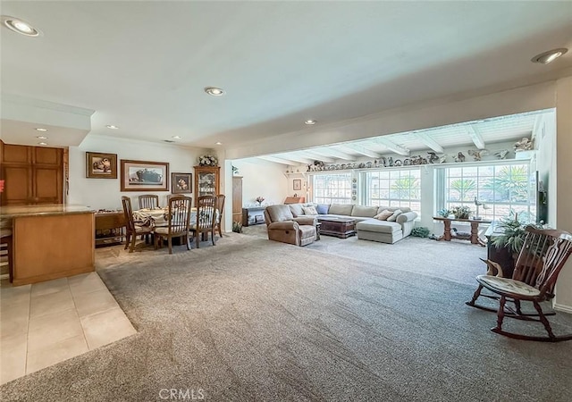 17213 Horace St, Granada Hills, CA 91344 - living room with plenty of natural light, light colored carpet, recessed lighting, light tile patterned flooring, and beamed ceiling