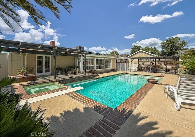 17213 Horace St, Granada Hills, CA 91344 - view of swimming pool with french doors, a pergola, a patio, and a pool with connected hot tub
