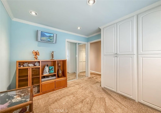 17213 Horace St, Granada Hills, CA 91344 - bedroom featuring crown molding, light colored carpet, recessed lighting, and a closet