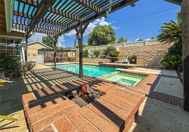 17213 Horace St, Granada Hills, CA 91344 - view of pool featuring a fenced backyard, a patio area, a pool with connected hot tub, and a pergola