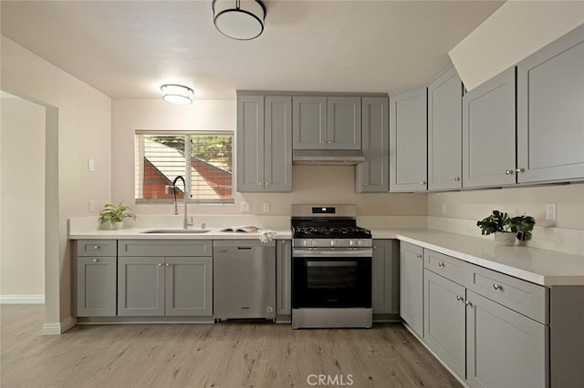 833 E Victoria, Lake Arrowhead, CA 92352 - kitchen featuring stainless steel appliances, under cabinet range hood, gray cabinets, light wood-style floors, and light countertops