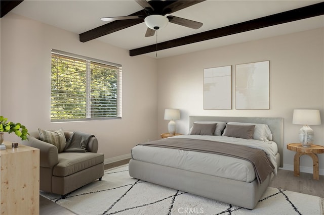833 E Victoria, Lake Arrowhead, CA 92352 - bedroom featuring beam ceiling, light wood-style floors, and ceiling fan