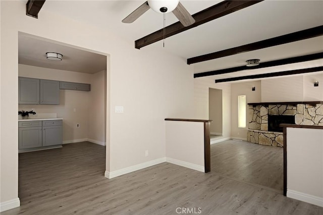 833 E Victoria, Lake Arrowhead, CA 92352 - unfurnished living room with light wood-style flooring, ceiling fan, beam ceiling, and a fireplace