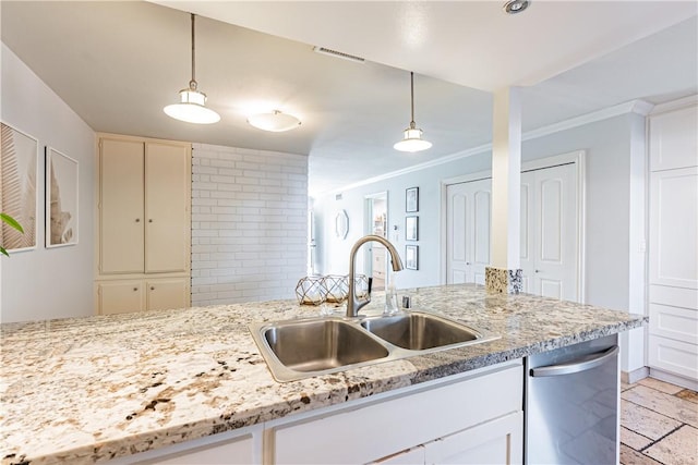 1209 E 1st St, Tustin, CA 92780 - kitchen with dishwasher, ornamental molding, decorative light fixtures, and light stone counters