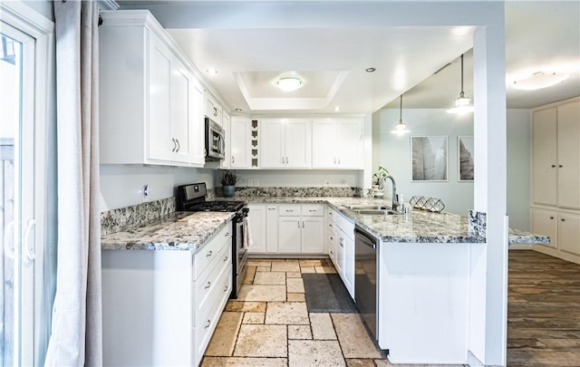 1209 E 1st St, Tustin, CA 92780 - kitchen featuring stainless steel appliances, a tray ceiling, a peninsula, white cabinetry, and light stone counters