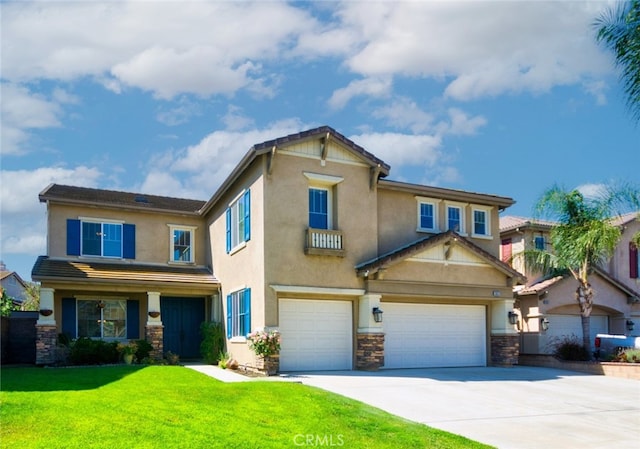 13637 Aspen Leaf Ln, Eastvale, CA 92880 - view of front of property with stone siding, a front yard, stucco siding, concrete driveway, and an attached garage