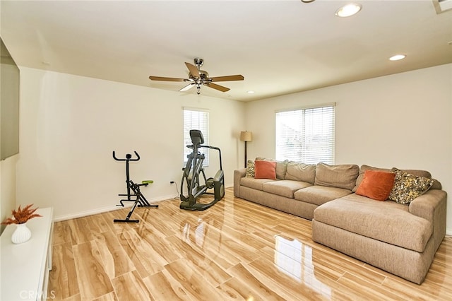 13637 Aspen Leaf Ln, Eastvale, CA 92880 - living room with light wood finished floors, recessed lighting, and a ceiling fan