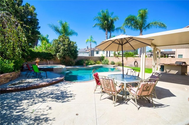 13637 Aspen Leaf Ln, Eastvale, CA 92880 - view of pool featuring a fenced backyard, a patio area, and a pool with connected hot tub