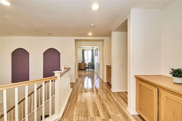 13637 Aspen Leaf Ln, Eastvale, CA 92880 - hallway with recessed lighting, an upstairs landing, and light wood finished floors