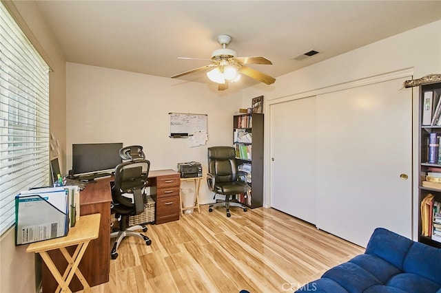 13637 Aspen Leaf Ln, Eastvale, CA 92880 - office area featuring light wood-type flooring and a ceiling fan