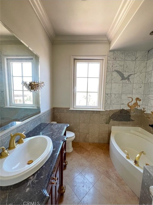 119 Furlong Ln, Bradbury, CA 91008 - full bath with tile walls, a tub to relax in, vanity, ornamental molding, and tile patterned floors