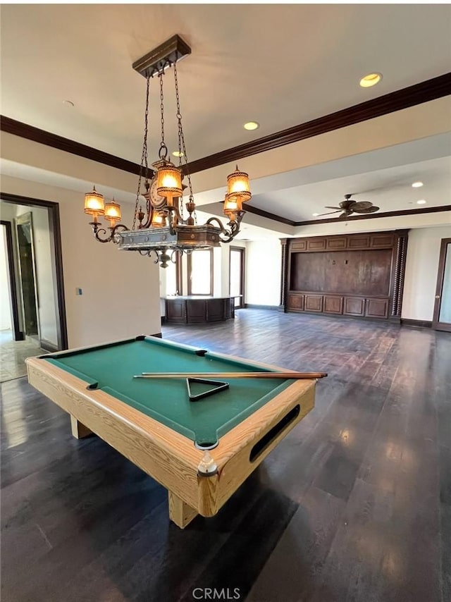 119 Furlong Ln, Bradbury, CA 91008 - recreation room with crown molding, dark wood finished floors, ceiling fan, billiards, and a chandelier