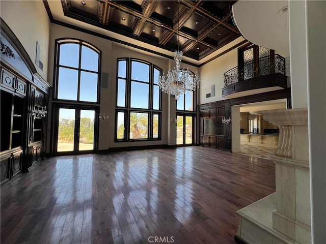 119 Furlong Ln, Bradbury, CA 91008 - unfurnished living room with a high ceiling, a chandelier, plenty of natural light, crown molding, and coffered ceiling