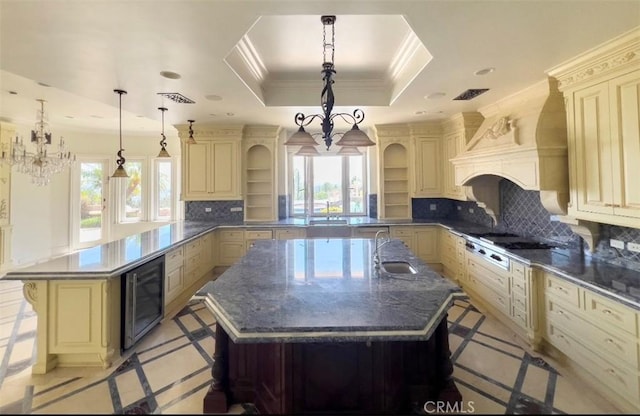 119 Furlong Ln, Bradbury, CA 91008 - kitchen featuring cream cabinets, open shelves, wine cooler, inlaid floor details, and ornamental molding