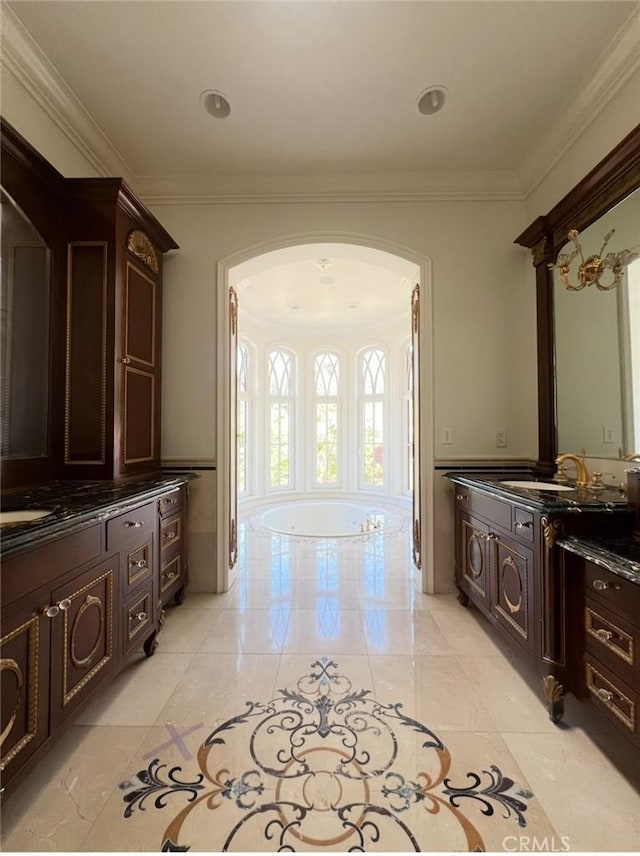 119 Furlong Ln, Bradbury, CA 91008 - bathroom featuring a bath, ornamental molding, vanity, and marble finish flooring