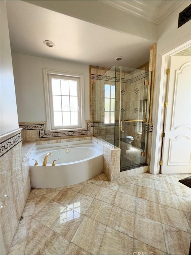 119 Furlong Ln, Bradbury, CA 91008 - full bathroom featuring a garden tub, a stall shower, ornamental molding, and tile patterned flooring
