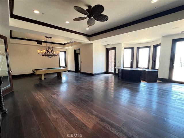 119 Furlong Ln, Bradbury, CA 91008 - playroom featuring a raised ceiling, billiards table, crown molding, dark wood-style flooring, and recessed lighting