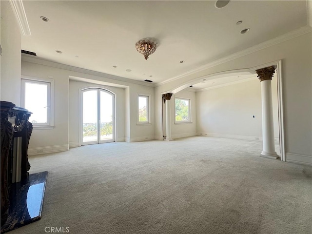 119 Furlong Ln, Bradbury, CA 91008 - unfurnished living room with arched walkways, ornate columns, carpet flooring, and ornamental molding