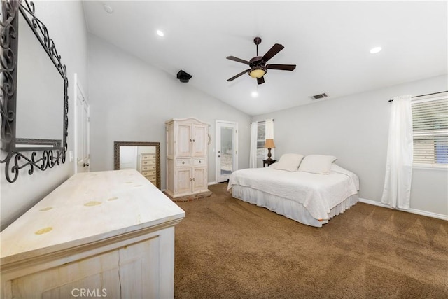5935 Monte Vista Rd, Phelan, CA 92371 - carpeted bedroom with vaulted ceiling, recessed lighting, and ceiling fan