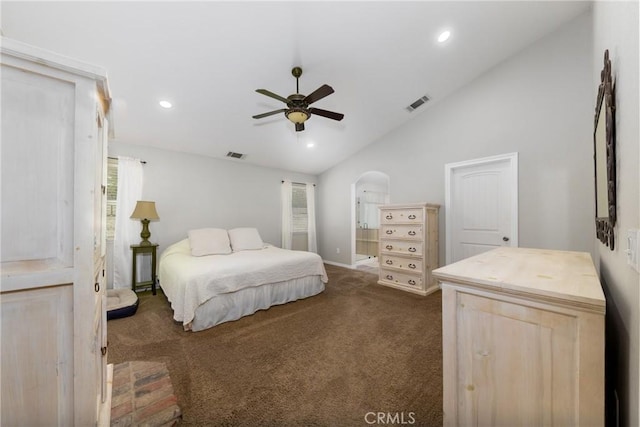 5935 Monte Vista Rd, Phelan, CA 92371 - bedroom with carpet, lofted ceiling, recessed lighting, arched walkways, and a ceiling fan