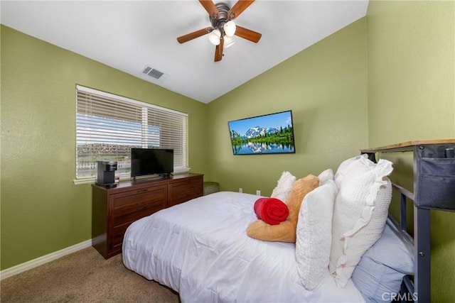 5935 Monte Vista Rd, Phelan, CA 92371 - bedroom featuring carpet floors, lofted ceiling, and a ceiling fan