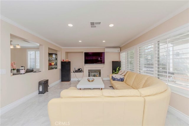 1528 W Delvale St, West Covina, CA 91790 - living room with a wall mounted air conditioner, ornamental molding, a glass covered fireplace, recessed lighting, and light marble finish floors