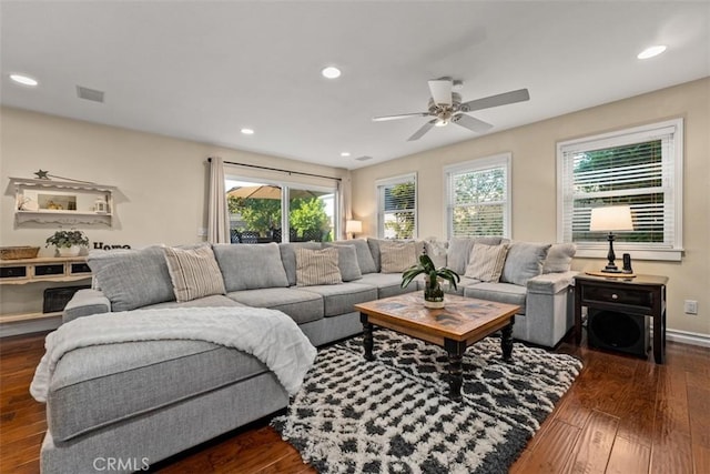20072 Mural Cir, Huntington Beach, CA 92646 - living area with plenty of natural light, ceiling fan, dark wood-type flooring, and recessed lighting