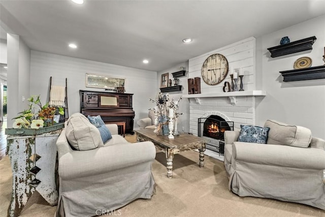 20072 Mural Cir, Huntington Beach, CA 92646 - living area featuring a fireplace, carpet, and recessed lighting