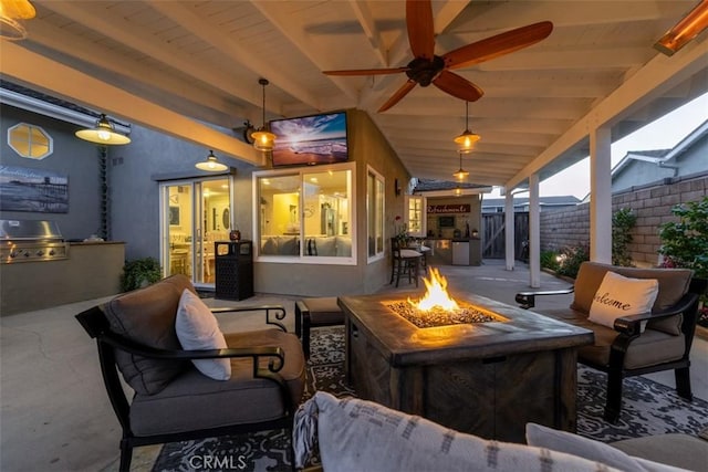 20072 Mural Cir, Huntington Beach, CA 92646 - view of patio featuring area for grilling, an outdoor living space with a fire pit, and ceiling fan