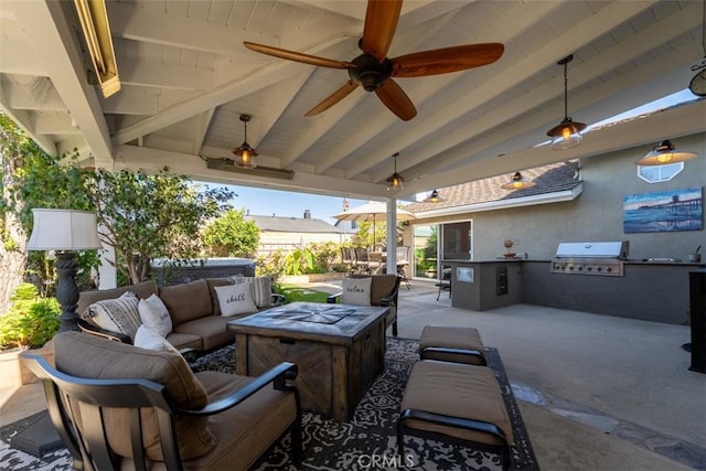 20072 Mural Cir, Huntington Beach, CA 92646 - view of patio / terrace with an outdoor kitchen, an outdoor living space, and ceiling fan