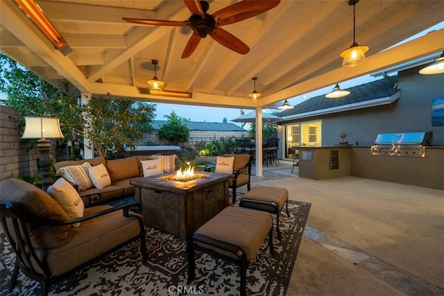 20072 Mural Cir, Huntington Beach, CA 92646 - view of patio / terrace featuring exterior kitchen, outdoor dining area, an outdoor living space with a fire pit, and ceiling fan