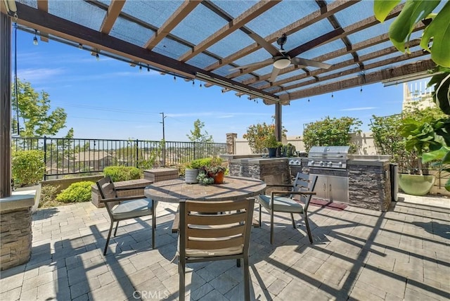 40569 Koa Ct, Temecula, CA 92591 - fenced backyard featuring outdoor dining space, area for grilling, a pergola, a patio, and ceiling fan