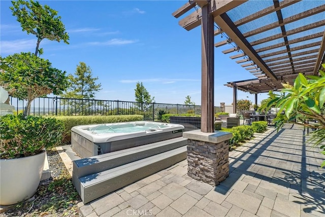 40569 Koa Ct, Temecula, CA 92591 - fenced backyard featuring a hot tub, a patio area, and a pergola