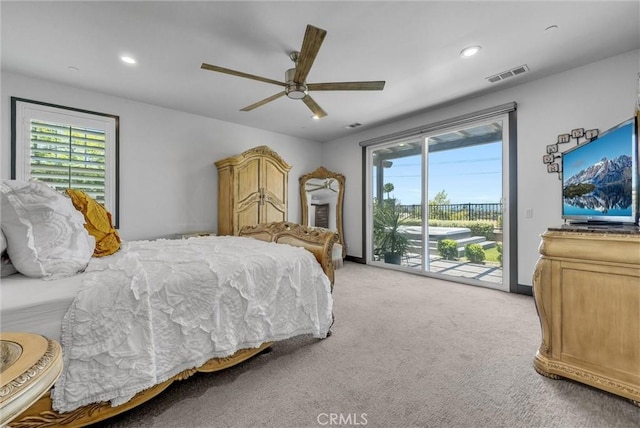 40569 Koa Ct, Temecula, CA 92591 - bedroom with access to exterior, light colored carpet, multiple windows, recessed lighting, and a ceiling fan
