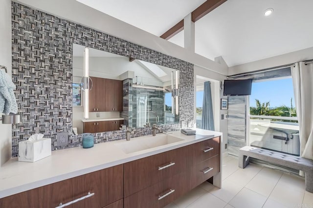 3526 Ticonderoga St, San Diego, CA 92117 - full bathroom with vanity, tile patterned flooring, decorative backsplash, and a shower stall