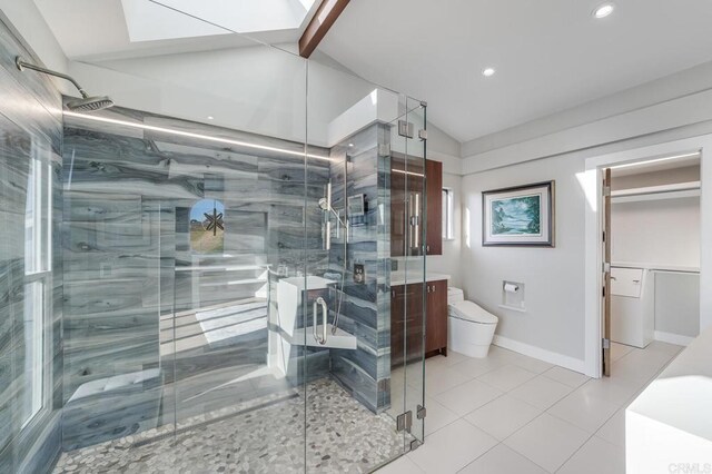 3526 Ticonderoga St, San Diego, CA 92117 - bathroom with vaulted ceiling, a shower stall, tile patterned floors, and recessed lighting